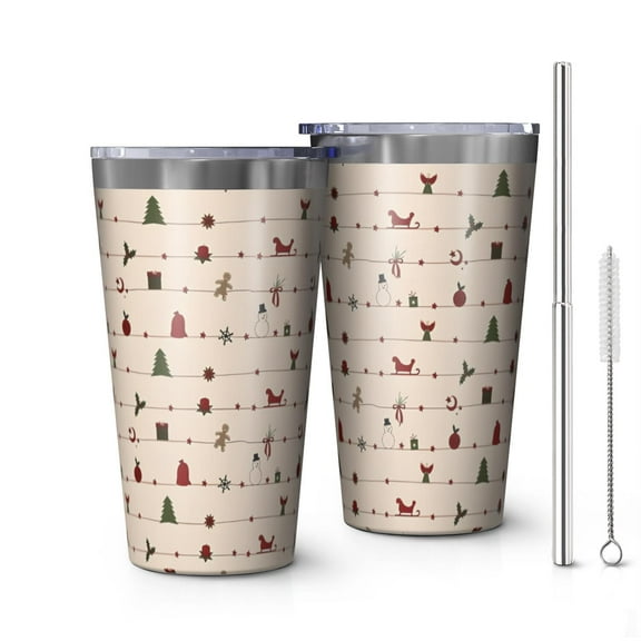 16oz Tumblers Beige Christmas Decoration Pattern Stainless Steel Vacuum Insulated Double Wall Travel Tumbler Cups Mug with Lid and Straw,Cleaning Brush for Coffee,Tea