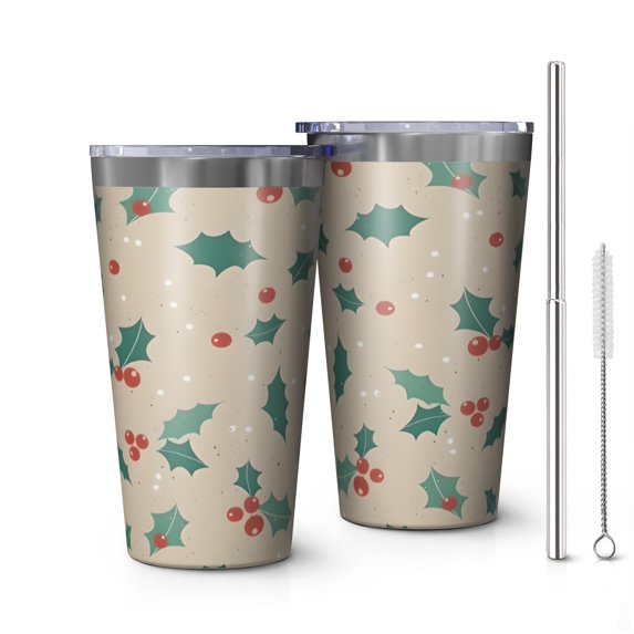 16oz Tumblers Beige Christmas Holly Pattern Stainless Steel Vacuum Insulated Double Wall Travel Tumbler Cups Mug with Lid and Straw,Cleaning Brush for Coffee,Tea