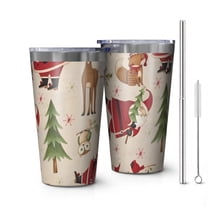 16oz Tumblers Beige Christmas Santa and Animal Pattern Stainless Steel Vacuum Insulated Double Wall Travel Tumbler Cups Mug with Lid and Straw,Cleaning Brush for Coffee,Tea