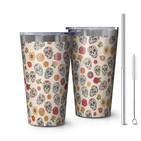 16oz Tumblers Beige Floral Skull Pattern Stainless Steel Vacuum Insulated Double Wall Travel Tumbler Cups Mug with Lid and Straw,Cleaning Brush for Coffee,Tea