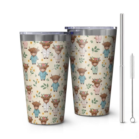 16oz Tumblers Beige Highland Cow Flower Pajama Pattern Stainless Steel Vacuum Insulated Double Wall Travel Tumbler Cups Mug with Lid and Straw,Cleaning Brush for Coffee,Tea
