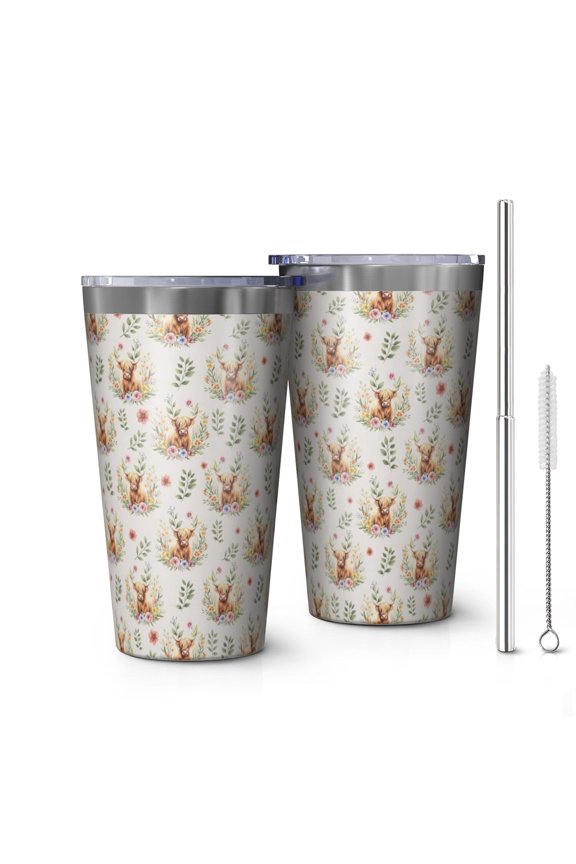 16oz Tumblers Beige Highland Cow Flower Pattern Stainless Steel Vacuum Insulated Double Wall Travel Tumbler Cups Mug with Lid and Straw,Cleaning Brush for Coffee,Tea