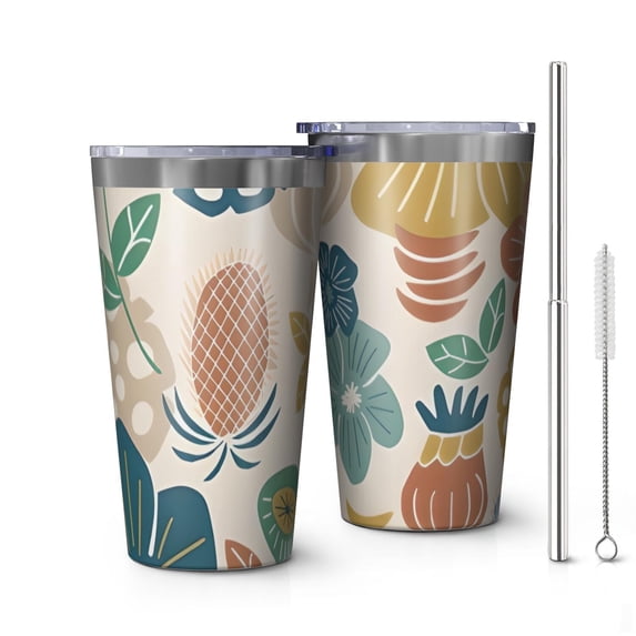 16oz Tumblers Beige Pioneer Flower and Leaf Pattern Stainless Steel Vacuum Insulated Double Wall Travel Tumbler Cups Mug with Lid and Straw,Cleaning Brush for Coffee,Tea