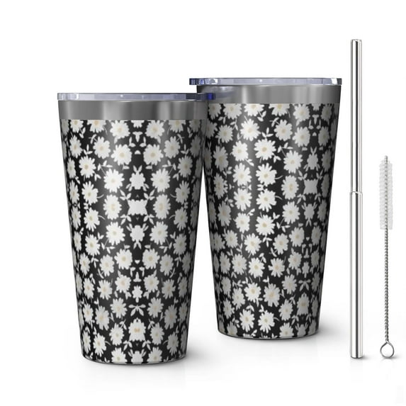 16oz Tumblers Black Daisy Flower Pattern Stainless Steel Vacuum Insulated Double Wall Travel Tumbler Cups Mug with Lid and Straw,Cleaning Brush for Coffee,Tea