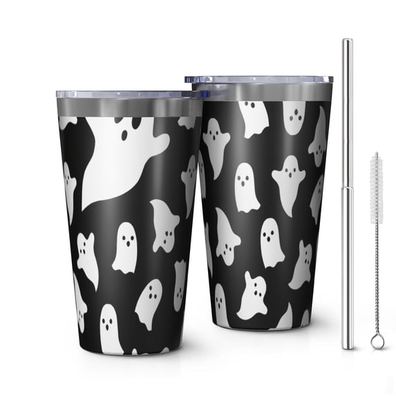 16oz Tumblers Black Halloween Ghosts with Boo Stainless Steel Vacuum Insulated Double Wall Travel Tumbler Cups Mug with Lid and Straw,Cleaning Brush for Coffee,Tea