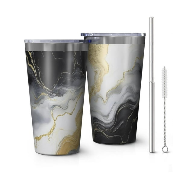 16oz Tumblers Black Marble Gold Line Pattern Stainless Steel Vacuum Insulated Double Wall Travel Tumbler Cups Mug with Lid and Straw,Cleaning Brush for Coffee,Tea