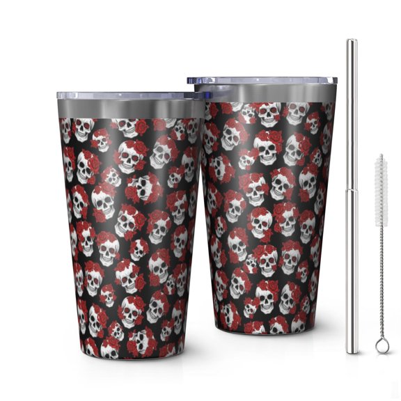 16oz Tumblers Black Red Rose Skull Pattern Stainless Steel Vacuum Insulated Double Wall Travel Tumbler Cups Mug with Lid and Straw,Cleaning Brush for Coffee,Tea