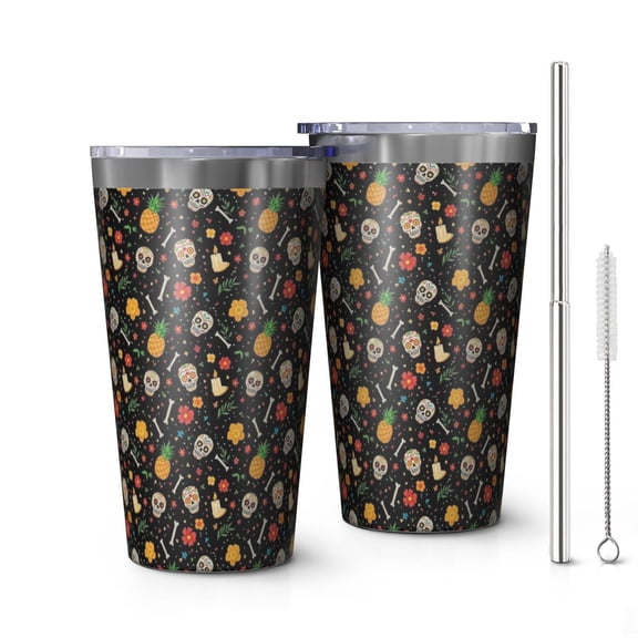 16oz Tumblers Black Skull Pineapple Flower Pattern Stainless Steel Vacuum Insulated Double Wall Travel Tumbler Cups Mug with Lid and Straw,Cleaning Brush for Coffee,Tea
