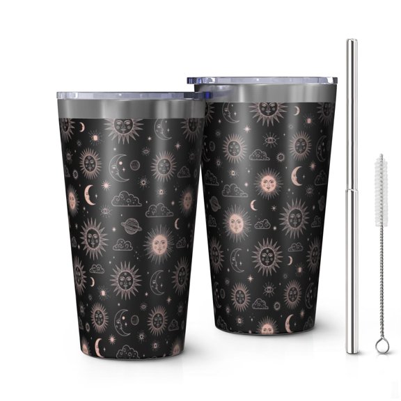 16oz Tumblers Black Sun Moon Cloud Planet Pattern Stainless Steel Vacuum Insulated Double Wall Travel Tumbler Cups Mug with Lid and Straw,Cleaning Brush for Coffee,Tea