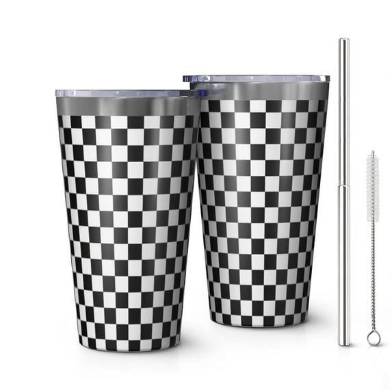 16oz Tumblers Black White Checkered Pattern Stainless Steel Vacuum Insulated Double Wall Travel Tumbler Cups Mug with Lid and Straw,Cleaning Brush for Coffee,Tea