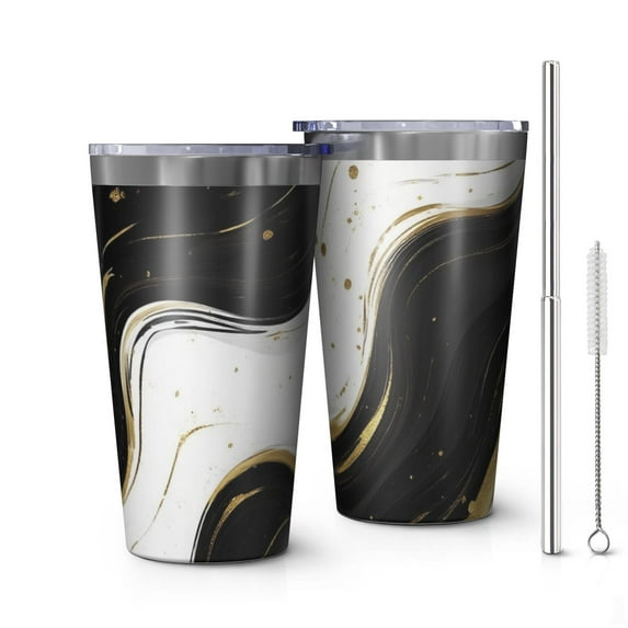 16oz Tumblers Black White Gold Marble Pattern Stainless Steel Vacuum Insulated Double Wall Travel Tumbler Cups Mug with Lid and Straw,Cleaning Brush for Coffee,Tea
