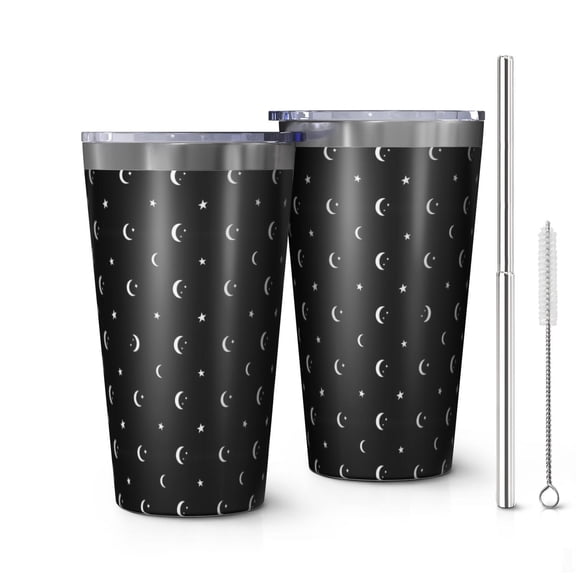 16oz Tumblers Black White Moon Star Pattern Stainless Steel Vacuum Insulated Double Wall Travel Tumbler Cups Mug with Lid and Straw,Cleaning Brush for Coffee,Tea