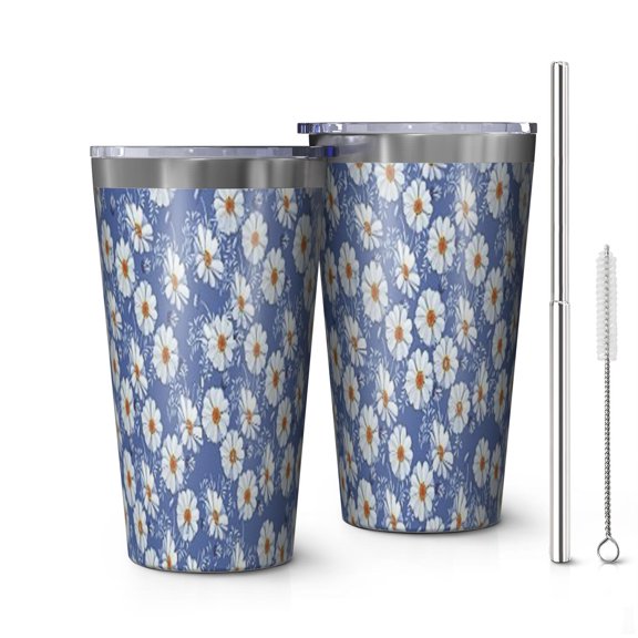 16oz Tumblers Blue Daisy Flower Pattern Stainless Steel Vacuum Insulated Double Wall Travel Tumbler Cups Mug with Lid and Straw,Cleaning Brush for Coffee,Tea