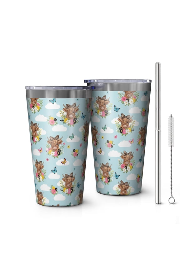 16oz Tumblers Blue Highland Cow Flower Butterfly Pattern Stainless Steel Vacuum Insulated Double Wall Travel Tumbler Cups Mug with Lid and Straw,Cleaning Brush for Coffee,Tea