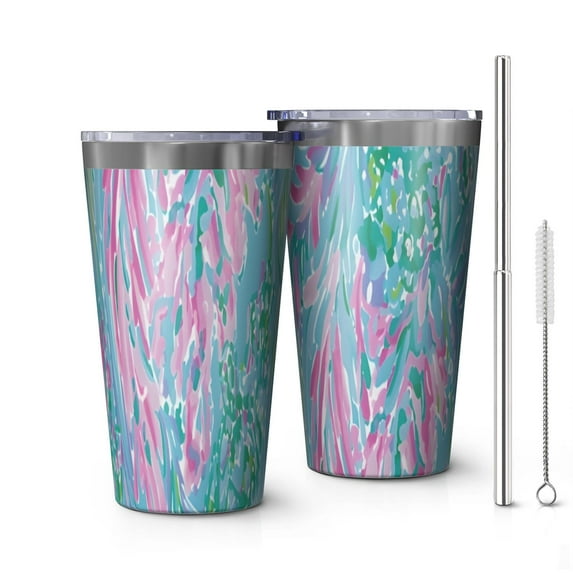 16oz Tumblers Blue and Pink Abstract Pattern Stainless Steel Vacuum Insulated Double Wall Travel Tumbler Cups Mug with Lid and Straw,Cleaning Brush for Coffee,Tea