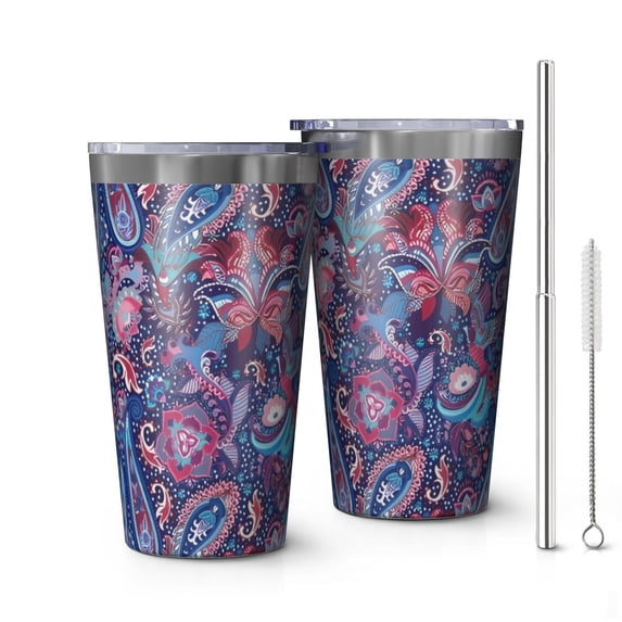 16oz Tumblers Blue Pioneer Flower and Paisley Pattern Stainless Steel Vacuum Insulated Double Wall Travel Tumbler Cups Mug with Lid and Straw,Cleaning Brush for Coffee,Tea