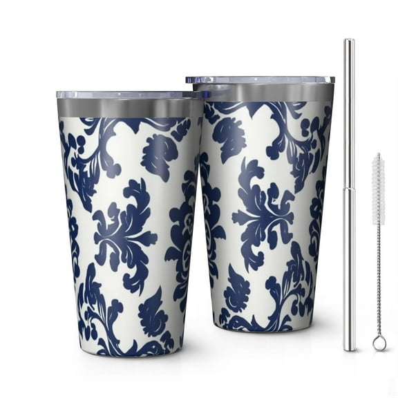 16oz Tumblers Blue and White Pioneer Flower Stainless Steel Vacuum Insulated Double Wall Travel Tumbler Cups Mug with Lid and Straw,Cleaning Brush for Coffee,Tea