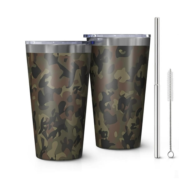16oz Tumblers Brown Green Camo Classic Pattern Stainless Steel Vacuum Insulated Double Wall Travel Tumbler Cups Mug with Lid and Straw,Cleaning Brush for Coffee,Tea