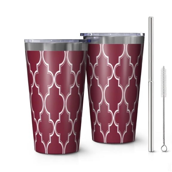 16oz Tumblers Burgundy Geometric Quatrefoil Pattern Stainless Steel Vacuum Insulated Double Wall Travel Tumbler Cups Mug with Lid and Straw,Cleaning Brush for Coffee,Tea