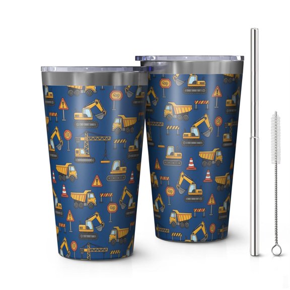 16oz Tumblers Cartoon Construction Vehicles Barriers Stainless Steel Vacuum Insulated Double Wall Travel Tumbler Cups Mug with Lid and Straw,Cleaning Brush for Coffee,Tea