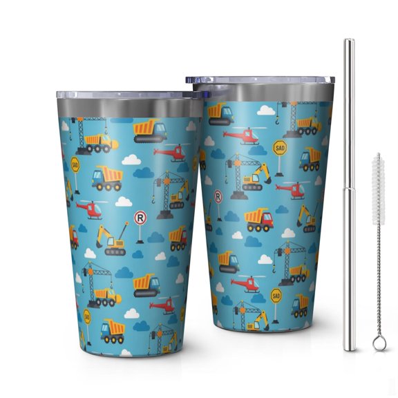 16oz Tumblers Cartoon Construction Vehicles Helicopters Stainless Steel Vacuum Insulated Double Wall Travel Tumbler Cups Mug with Lid and Straw,Cleaning Brush for Coffee,Tea