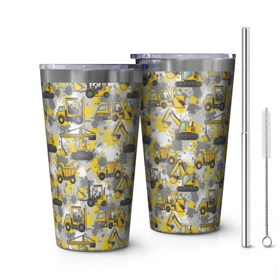 16oz Tumblers Cartoon Construction Vehicles Paint Splatters Stainless Steel Vacuum Insulated Double Wall Travel Tumbler Cups Mug with Lid and Straw,Cleaning Brush for Coffee,Tea