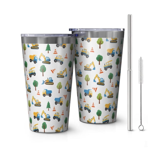 16oz Tumblers Cartoon Construction Vehicles Trees Stainless Steel Vacuum Insulated Double Wall Travel Tumbler Cups Mug with Lid and Straw,Cleaning Brush for Coffee,Tea