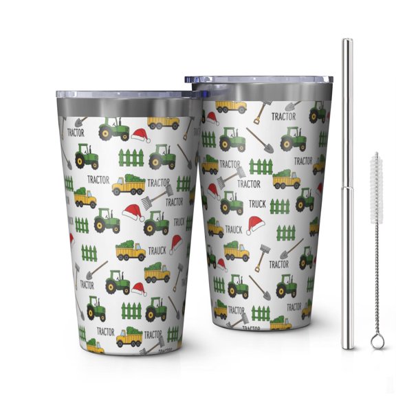 16oz Tumblers Cartoon Tractors Santa Hats White Pattern Stainless Steel Vacuum Insulated Double Wall Travel Tumbler Cups Mug with Lid and Straw,Cleaning Brush for Coffee,Tea