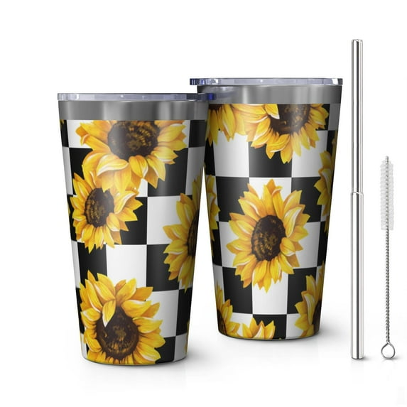 16oz Tumblers Checke Sunflower Stainless Steel Vacuum Insulated Double Wall Travel Tumbler Cups Mug with Lid and Straw,Cleaning Brush for Coffee,Tea