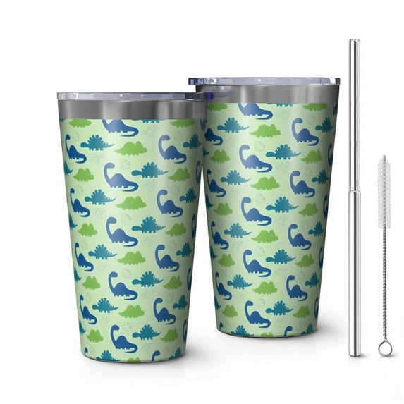 16oz Tumblers Colorful Dinosaurs Leaves Pattern Stainless Steel Vacuum Insulated Double Wall Travel Tumbler Cups Mug with Lid and Straw,Cleaning Brush for Coffee,Tea