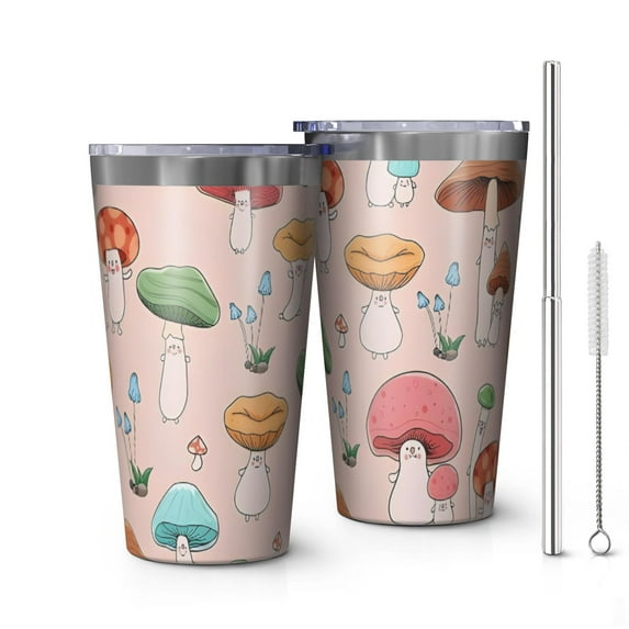 16oz Tumblers Colorful Mushroom Cartoon Pink Pattern Stainless Steel Vacuum Insulated Double Wall Travel Tumbler Cups Mug with Lid and Straw,Cleaning Brush for Coffee,Tea