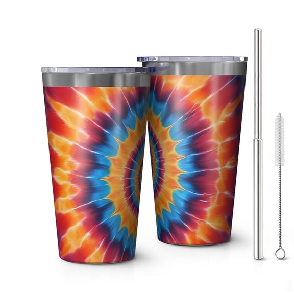 16oz Tumblers Colorful Tie Dye Concentric Circles Stainless Steel Vacuum Insulated Double Wall Travel Tumbler Cups Mug with Lid and Straw,Cleaning Brush for Coffee,Tea