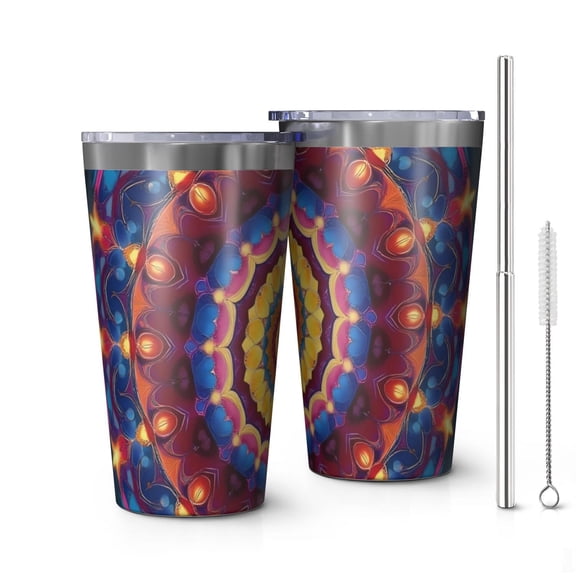 16oz Tumblers Colorful Tie Dye Luminous Mandala Pattern Stainless Steel Vacuum Insulated Double Wall Travel Tumbler Cups Mug with Lid and Straw,Cleaning Brush for Coffee,Tea