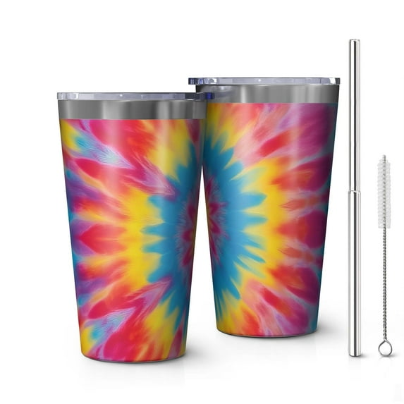 16oz Tumblers Colorful Tie Dye Mandala Pattern Stainless Steel Vacuum Insulated Double Wall Travel Tumbler Cups Mug with Lid and Straw,Cleaning Brush for Coffee,Tea