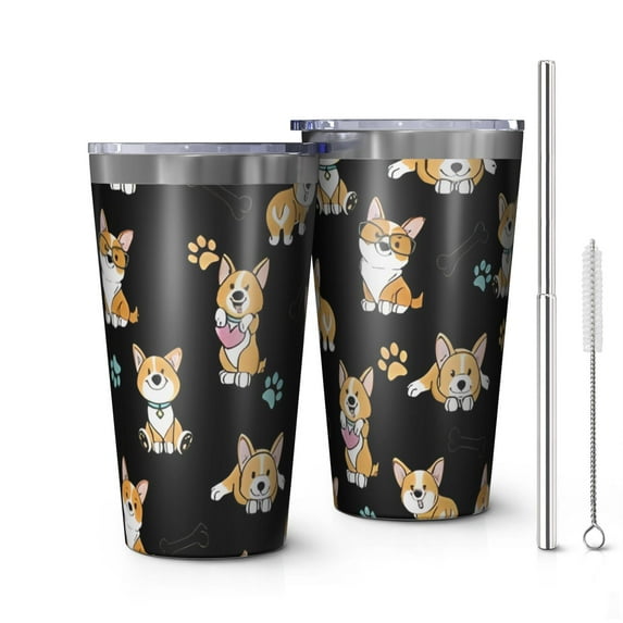 16oz Tumblers Cute Cartoon Corgi Stainless Steel Vacuum Insulated Double Wall Travel Tumbler Cups Mug with Lid and Straw,Cleaning Brush for Coffee,Tea
