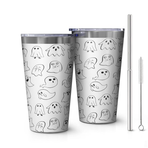 16oz Tumblers Cute Halloween Ghosts Pattern Stainless Steel Vacuum Insulated Double Wall Travel Tumbler Cups Mug with Lid and Straw,Cleaning Brush for Coffee,Tea