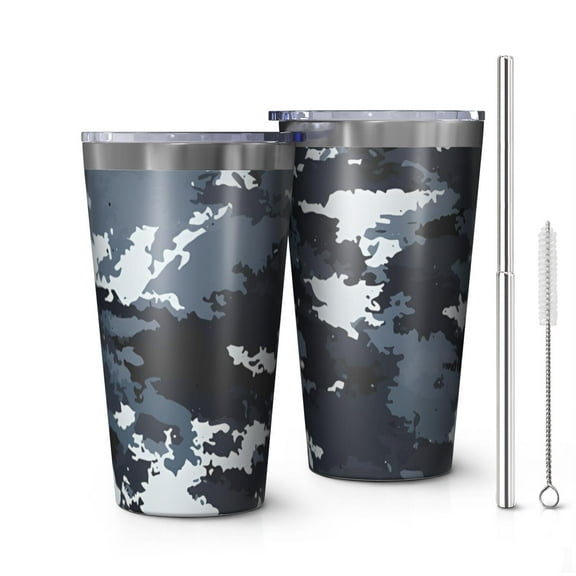 16oz Tumblers Dark Blue Camo Irregular Pattern Stainless Steel Vacuum Insulated Double Wall Travel Tumbler Cups Mug with Lid and Straw,Cleaning Brush for Coffee,Tea