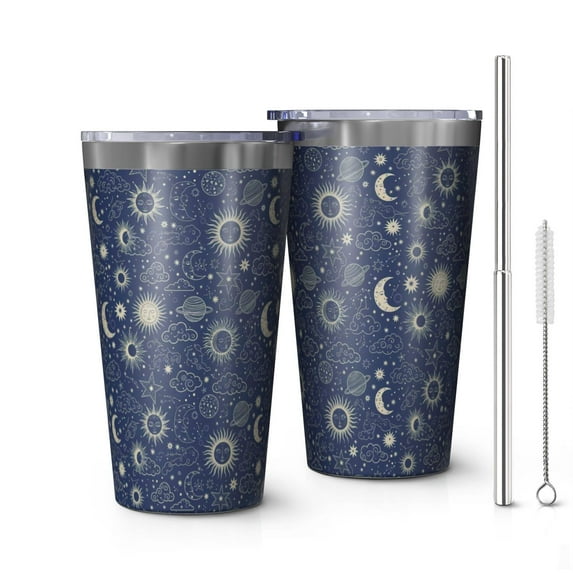 16oz Tumblers Dark Blue Celestial Pattern Stainless Steel Vacuum Insulated Double Wall Travel Tumbler Cups Mug with Lid and Straw,Cleaning Brush for Coffee,Tea