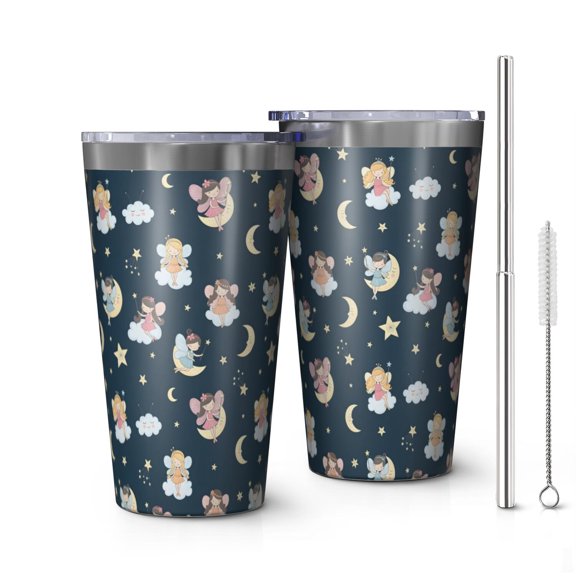 16oz Tumblers Dark Blue Star Fairy Pattern Stainless Steel Vacuum Insulated Double Wall Travel Tumbler Cups Mug with Lid and Straw,Cleaning Brush for Coffee,Tea