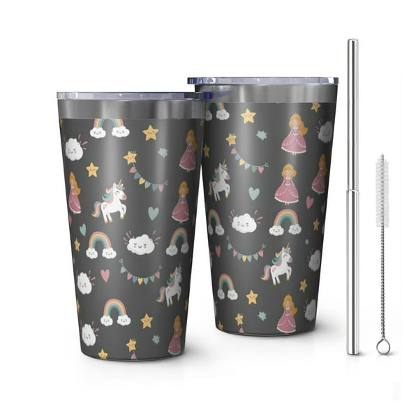 16oz Tumblers Dark Gray Princess Unicorn Cloud Pattern Stainless Steel Vacuum Insulated Double Wall Travel Tumbler Cups Mug with Lid and Straw,Cleaning Brush for Coffee,Tea
