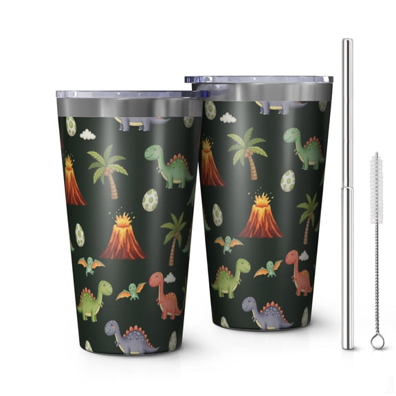 16oz Tumblers Dark Green Toned Dinosaur and Volcano Pattern Stainless Steel Vacuum Insulated Double Wall Travel Tumbler Cups Mug with Lid and Straw,Cleaning Brush for Coffee,Tea