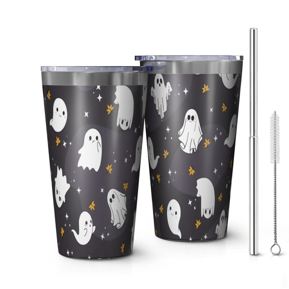 16oz Tumblers Dark Halloween Ghosts with Stars Stainless Steel Vacuum Insulated Double Wall Travel Tumbler Cups Mug with Lid and Straw,Cleaning Brush for Coffee,Tea