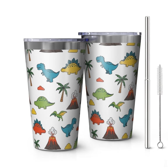 16oz Tumblers Dinosaurs Volcano Palm White Pattern Stainless Steel Vacuum Insulated Double Wall Travel Tumbler Cups Mug with Lid and Straw,Cleaning Brush for Coffee,Tea