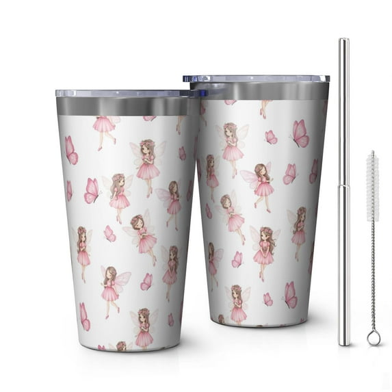 16oz Tumblers Fairy Princess Butterfly Pattern Stainless Steel Vacuum Insulated Double Wall Travel Tumbler Cups Mug with Lid and Straw,Cleaning Brush for Coffee,Tea