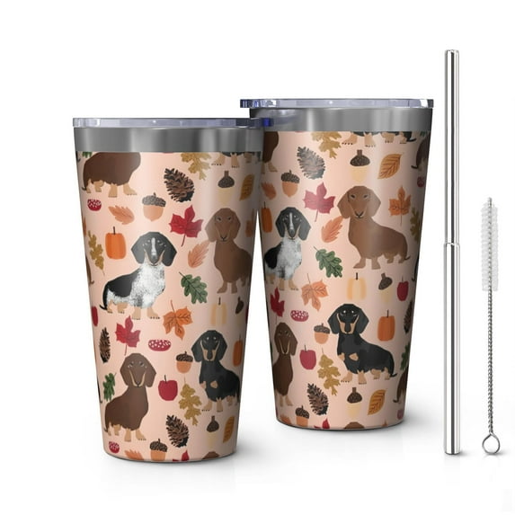 16oz Tumblers Fall Dachshund and Pumpkin Stainless Steel Vacuum Insulated Double Wall Travel Tumbler Cups Mug with Lid and Straw,Cleaning Brush for Coffee,Tea