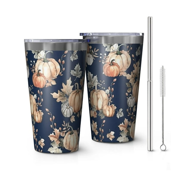 16oz Tumblers Fall Pumpkins Leaves Pattern Stainless Steel Vacuum Insulated Double Wall Travel Tumbler Cups Mug with Lid and Straw,Cleaning Brush for Coffee,Tea