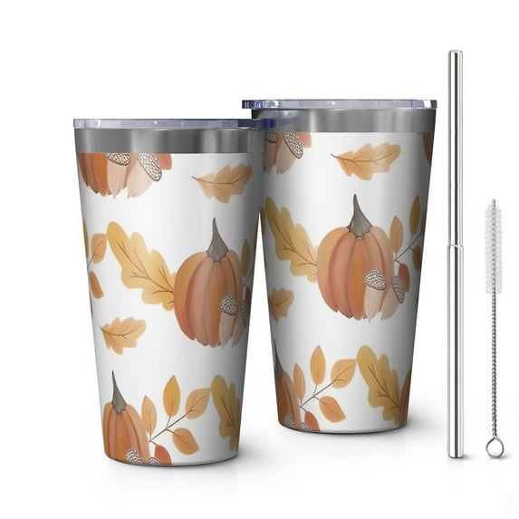 16oz Tumblers Fall Pumpkins Leaves Pattern Stainless Steel Vacuum Insulated Double Wall Travel Tumbler Cups Mug with Lid and Straw,Cleaning Brush for Coffee,Tea