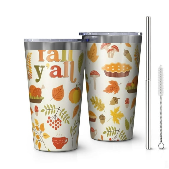 16oz Tumblers Fall Pumpkins Leaves Pattern Stainless Steel Vacuum Insulated Double Wall Travel Tumbler Cups Mug with Lid and Straw,Cleaning Brush for Coffee,Tea