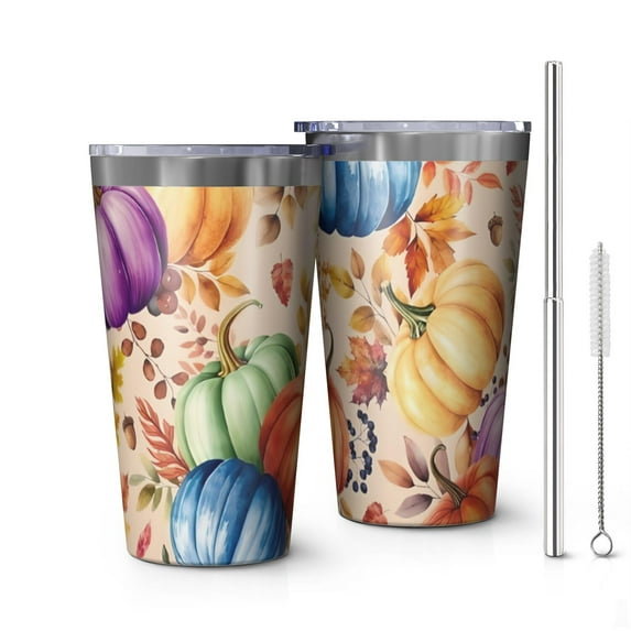 16oz Tumblers Fall Pumpkins Leaves Pattern Stainless Steel Vacuum Insulated Double Wall Travel Tumbler Cups Mug with Lid and Straw,Cleaning Brush for Coffee,Tea