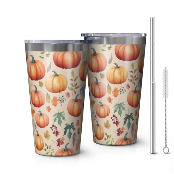 16oz Tumblers Fall Pumpkins and Leaves Pattern Stainless Steel Vacuum Insulated Double Wall Travel Tumbler Cups Mug with Lid and Straw,Cleaning Brush for Coffee,Tea